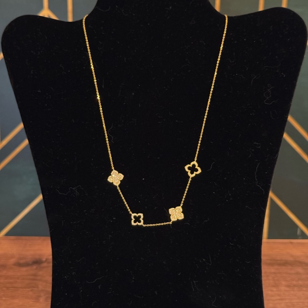 Gold Tone & Crystal Clover Necklace
